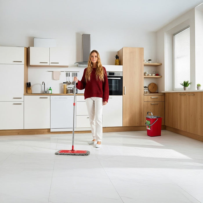 Flat Mop + Bucket + Telescopic Pole + 2 x Microfibre Pad 5.7L Floor Cleaning XXL Set Rotating Head