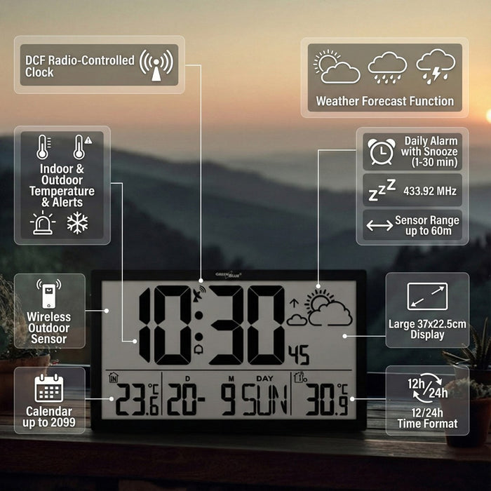 GreenBlue GB218 Extra Large LCD Wall Clock with Weather Station Temperature and Date Display