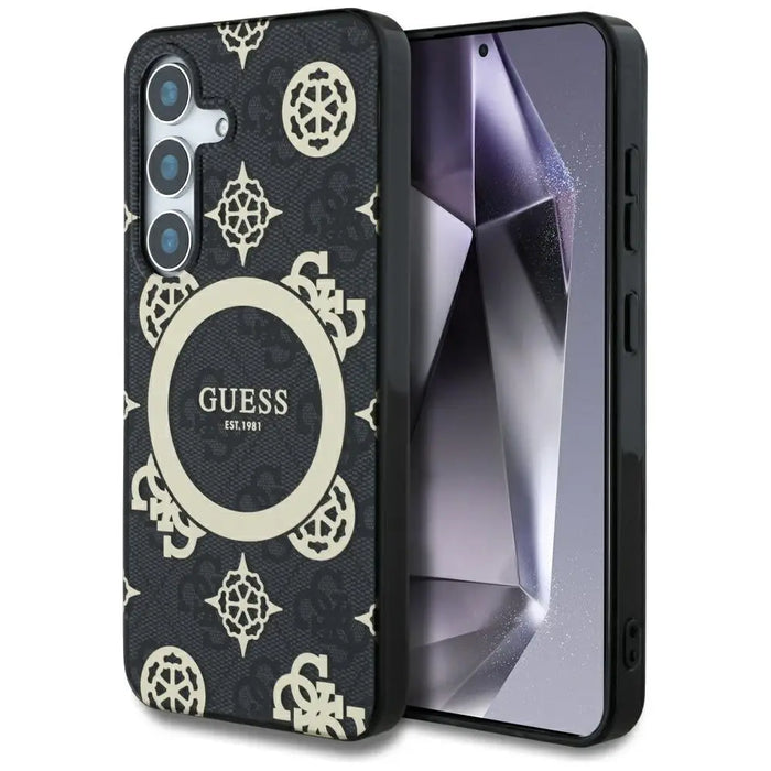 Guess 4G Background Gold Electroplated Peony Pattern MagSafe case for Samsung Galaxy S25 black - Cell phone cases