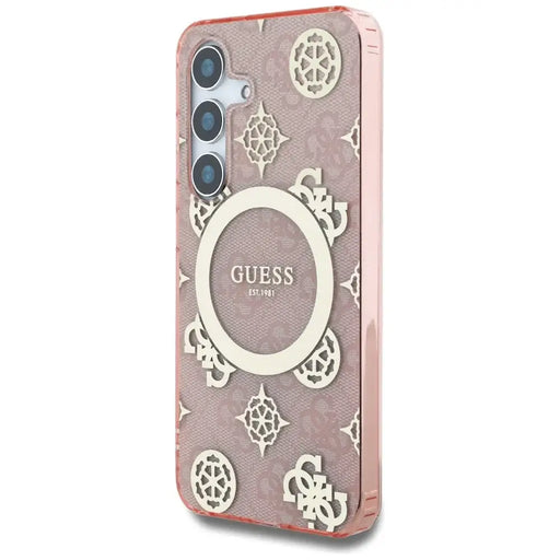 Guess 4G Background Gold Electroplated Peony Pattern MagSafe case for Samsung Galaxy S25 pink - Cell phone cases