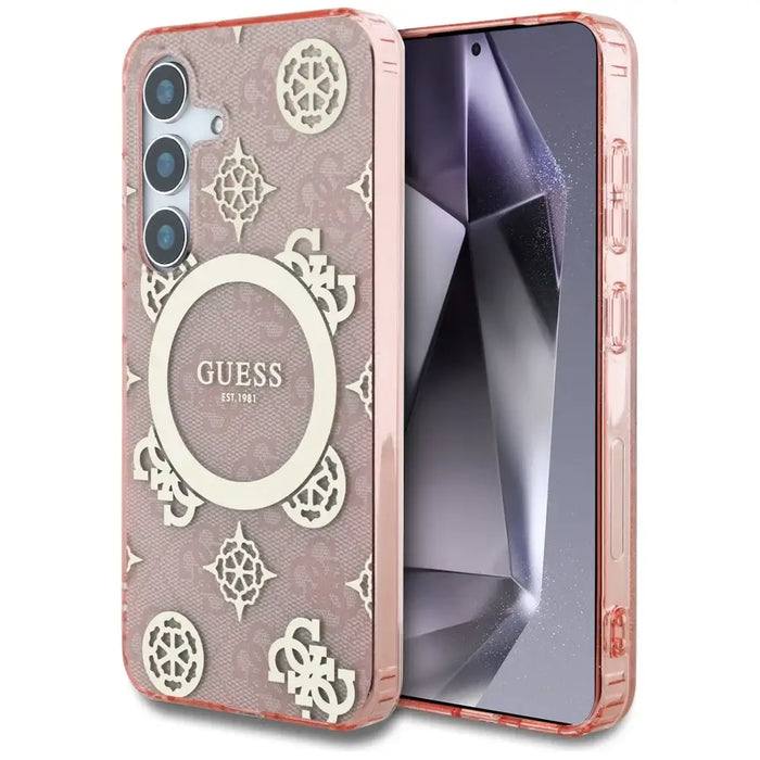 Guess 4G Background Gold Electroplated Peony Pattern MagSafe case for Samsung Galaxy S25 pink - Cell phone cases