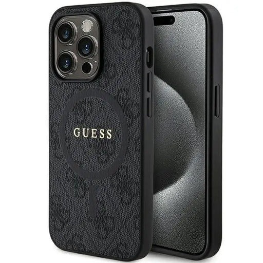 Guess 4G Collection Leather Metal Logo MagSafe Case for iPhone 14 Pro Max - Black - Cell phone cases
