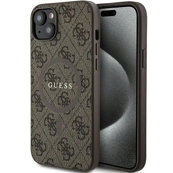 Guess 4G Collection Leather Metal Logo MagSafe Case for iPhone 15 Plus / 14 Plus - Brown - Cell phone cases