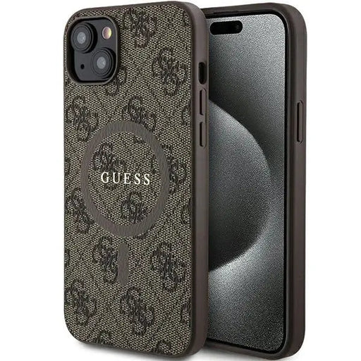 Guess 4G Collection Leather Metal Logo MagSafe Case for iPhone 15/14/13 - Brown - Cell phone cases