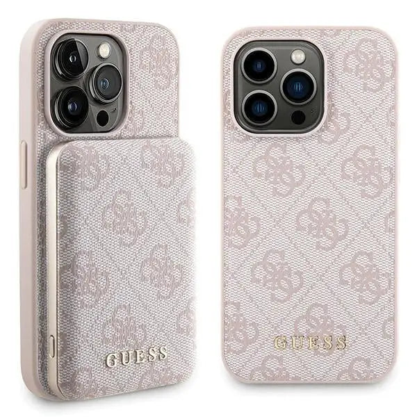 Guess 4G Metal Logo case set for iPhone 14 Pro + 5000mAh MagSafe power bank - pink - Cell phone cases