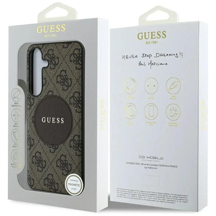 Guess 4G Round Patch Classic Logo MagSafe Case for Samsung Galaxy S25 Brown - Cell phone cases and covers<<<HurtelXML