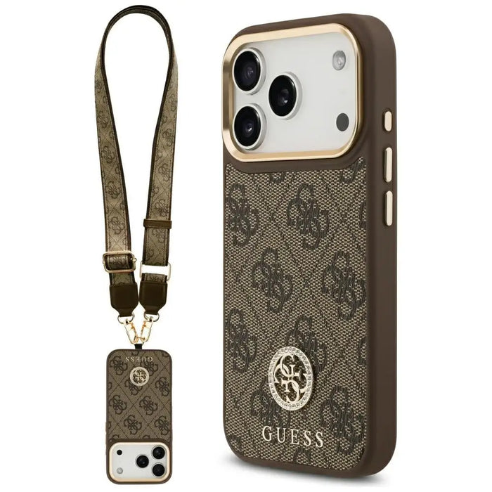 Guess 4G Strass Logo & Big Strap Metal Buttons MagSafe Case for iPhone 17 Pro - Brown - Cell phone cases