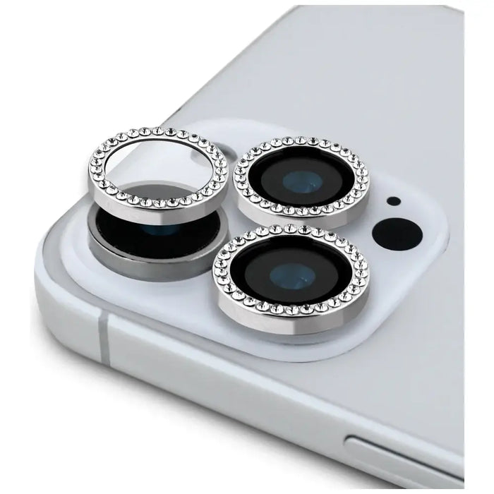 Guess BP Rhinestone 2in1 Screen Protector and Camera Lens Set for iPhone 16 Pro Max - Silver - Cell phone tempered