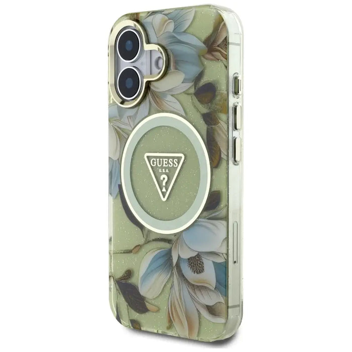 Guess Glitter Flowers Triangle Buttons MagSafe case for iPhone 16 green - Cell phone cases and covers<<<HurtelXML
