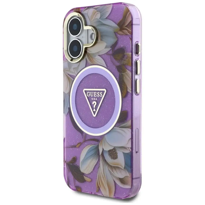 Guess Glitter Flowers Triangle Buttons MagSafe Case for iPhone 16 Purple - Cell phone cases and covers<<<HurtelXML