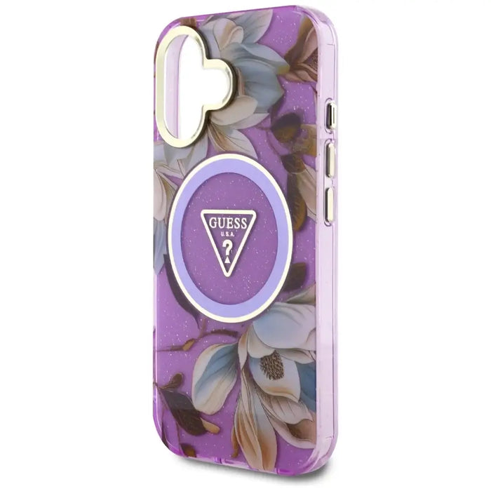 Guess Glitter Flowers Triangle Buttons MagSafe Case for iPhone 16 Purple - Cell phone cases and covers<<<HurtelXML