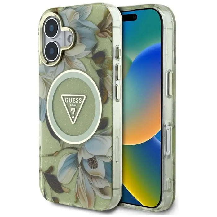 Guess Glitter Flowers Triangle Buttons MagSafe case for iPhone 16 green - Cell phone cases and covers<<<HurtelXML