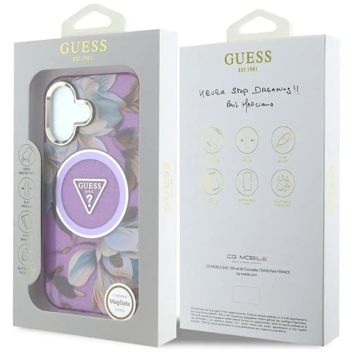 Guess Glitter Flowers Triangle Buttons MagSafe Case for iPhone 16 Purple - Cell phone cases and covers<<<HurtelXML