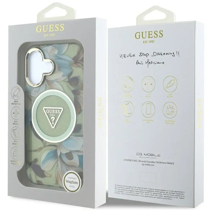 Guess Glitter Flowers Triangle Buttons MagSafe case for iPhone 16 green - Cell phone cases and covers<<<HurtelXML
