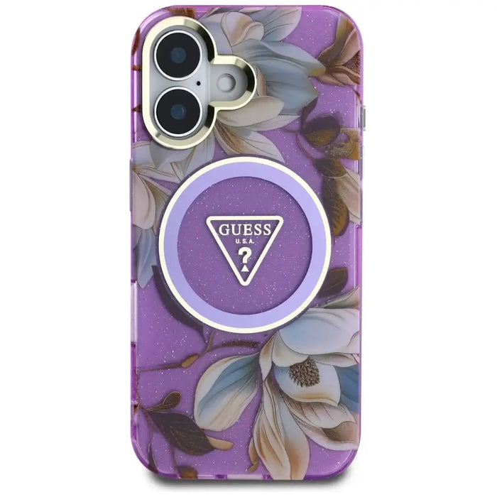 Guess Glitter Flowers Triangle Buttons MagSafe Case for iPhone 16 Purple - Cell phone cases and covers<<<HurtelXML