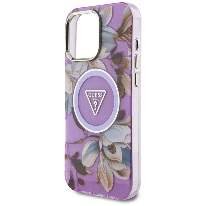 Guess Glitter Flowers Triangle Buttons MagSafe Case for iPhone 16 Pro Purple - Cell phone cases and covers<<<HurtelXML