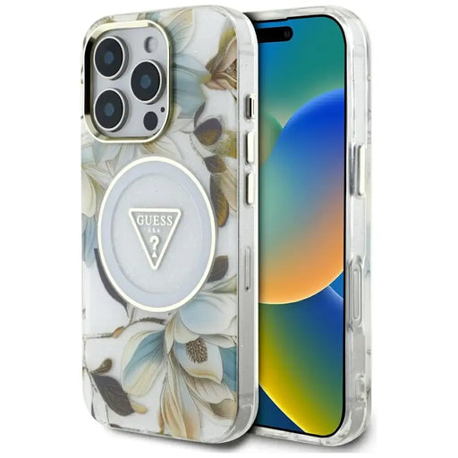 Guess Glitter Flowers Triangle Buttons MagSafe Case for iPhone 16 Pro White - Cell phone cases and covers<<<HurtelXML