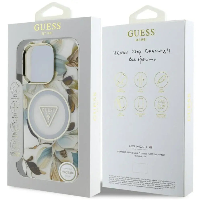 Guess Glitter Flowers Triangle Buttons MagSafe Case for iPhone 16 Pro White - Cell phone cases and covers<<<HurtelXML