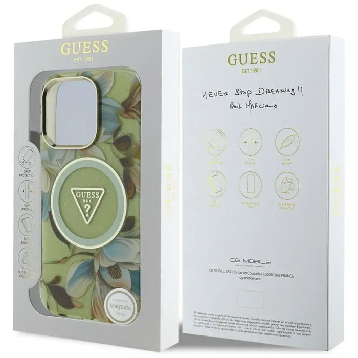 Guess Glitter Flowers Triangle Buttons MagSafe case for iPhone 16 Pro green - Cell phone cases and covers<<<HurtelXML