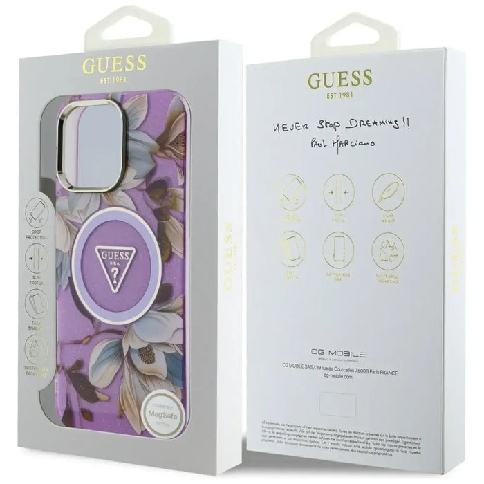 Guess Glitter Flowers Triangle Buttons MagSafe Case for iPhone 16 Pro Purple - Cell phone cases and covers<<<HurtelXML