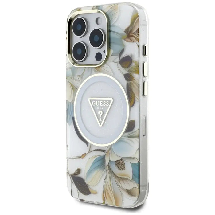 Guess Glitter Flowers Triangle Buttons MagSafe Case for iPhone 16 Pro White - Cell phone cases and covers<<<HurtelXML