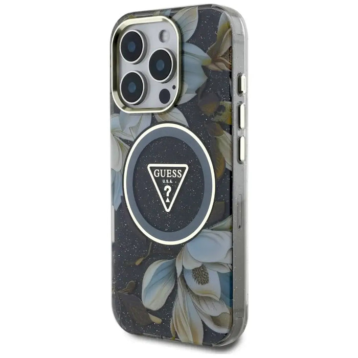Guess Glitter Flowers Triangle Buttons MagSafe case for iPhone 16 Pro black - Cell phone cases and covers<<<HurtelXML