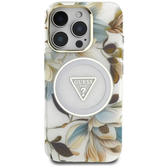 Guess Glitter Flowers Triangle Buttons MagSafe Case for iPhone 16 Pro White - Cell phone cases and covers<<<HurtelXML
