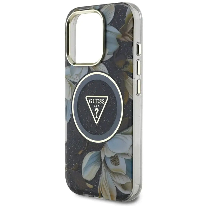 Guess Glitter Flowers Triangle Buttons MagSafe case for iPhone 16 Pro Max black - Cell phone cases
