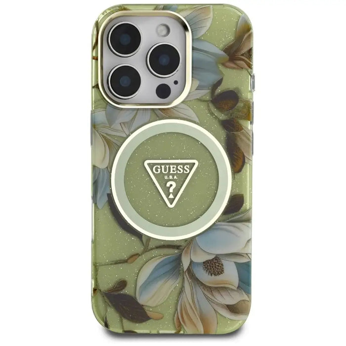 Guess Glitter Flowers Triangle Buttons MagSafe case for iPhone 16 Pro green - Cell phone cases and covers<<<HurtelXML