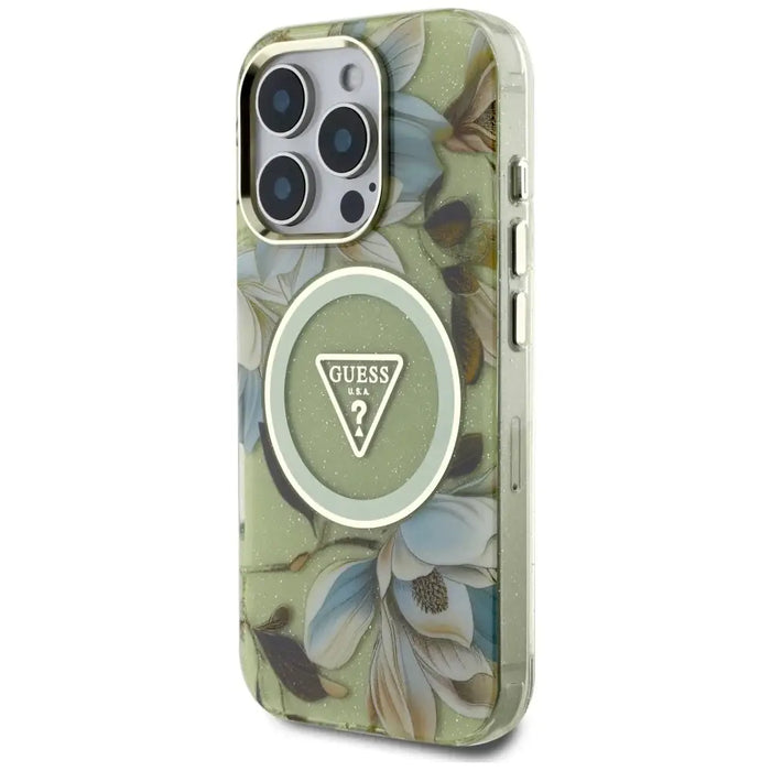Guess Glitter Flowers Triangle Buttons MagSafe case for iPhone 16 Pro green - Cell phone cases and covers<<<HurtelXML