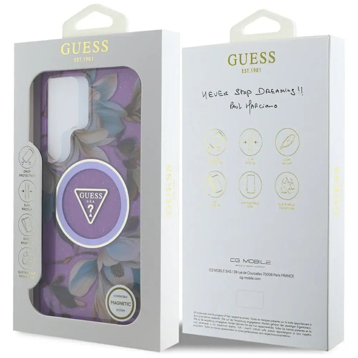 Guess Glitter Flowers Triangle Buttons MagSafe case for Samsung Galaxy S25 Ultra - purple - Cell phone cases