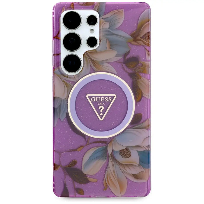 Guess Glitter Flowers Triangle Buttons MagSafe case for Samsung Galaxy S25 Ultra - purple - Cell phone cases