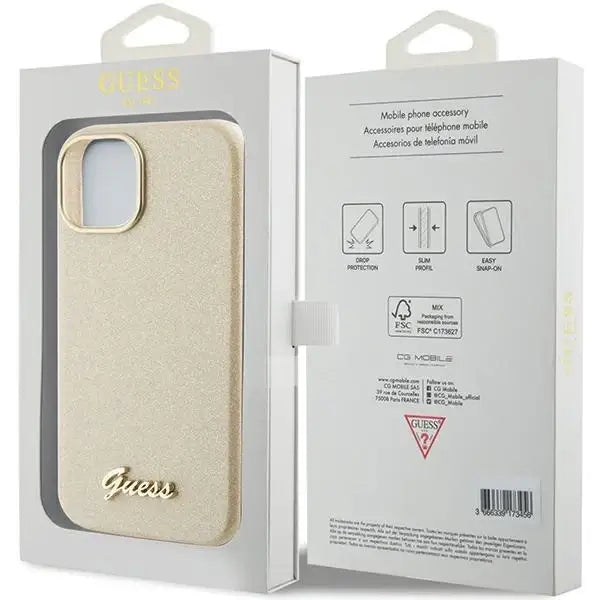 Guess Glitter Glossy Script case for iPhone 15 - gold - Cell phone cases and covers<<<HurtelXML