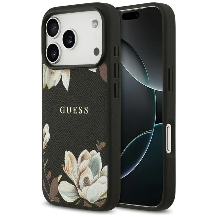 Guess Grained Flowers Classic Logo MagSafe case for iPhone 17 Pro - black - Cell phone cases and covers<<<HurtelXML