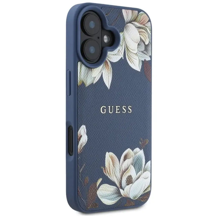 Guess Grained Printed Flower Pattern MagSafe case for iPhone 16 blue - Cell phone cases and covers<<<HurtelXML