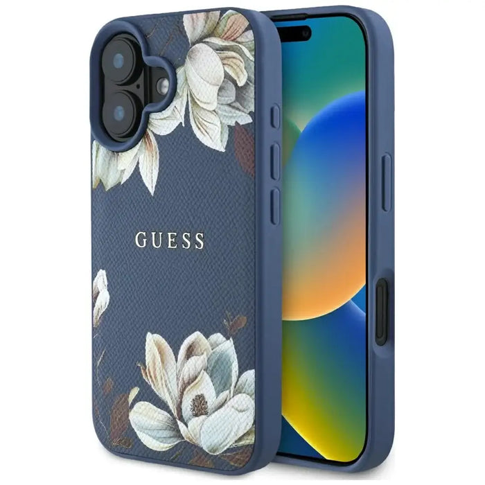 Guess Grained Printed Flower Pattern MagSafe case for iPhone 16 blue - Cell phone cases and covers<<<HurtelXML