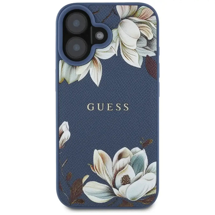 Guess Grained Printed Flower Pattern MagSafe case for iPhone 16 blue - Cell phone cases and covers<<<HurtelXML