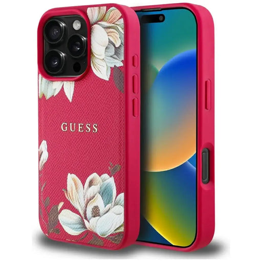 Guess Grained Printed Flower Pattern MagSafe case for iPhone 16 Pro fuchsia - Cell phone cases and covers<<<HurtelXML