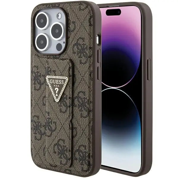Guess Grip Stand 4G Triangle Strass case for iPhone 15 Pro Max - brown - Cell phone cases and covers<<<HurtelXML