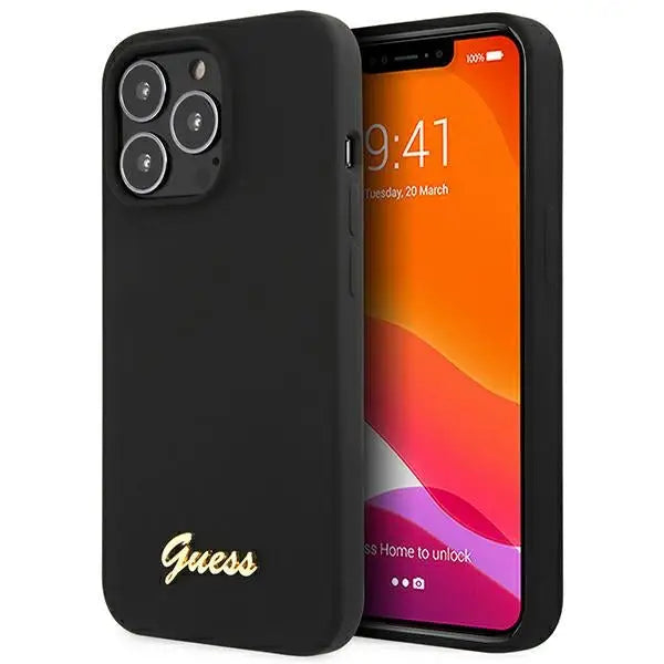 Guess GUHCP13XLSLMGBK iPhone 13 Pro Max 6.7’’ black/black hardcase Silicone Script Gold Logo - Cell phone cases