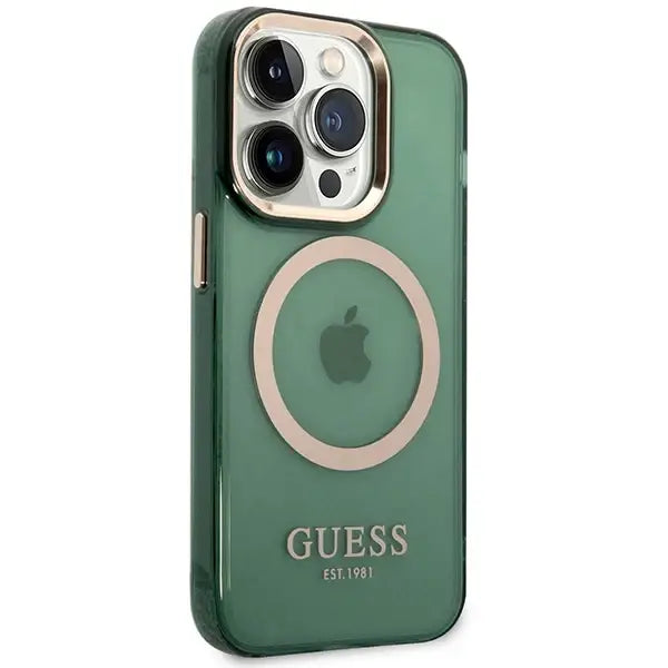 Guess GUHMP14LHTCMA iPhone 14 Pro 6.1’’ green/khaki hard case Gold Outline Translucent MagSafe - Cell phone cases