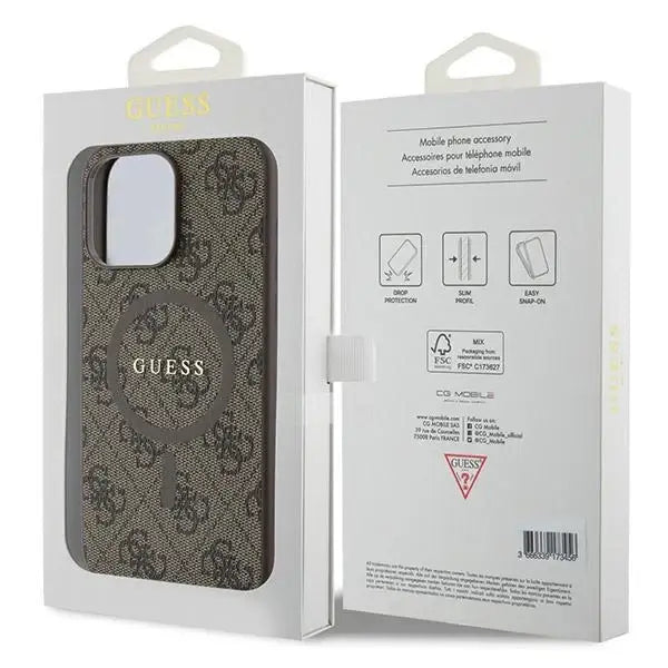 Guess GUHMP15XG4GFRW iPhone 15 Pro Max 6.7’’ brown/brown hardcase 4G Collection Leather Metal Logo MagSafe - Cell phone