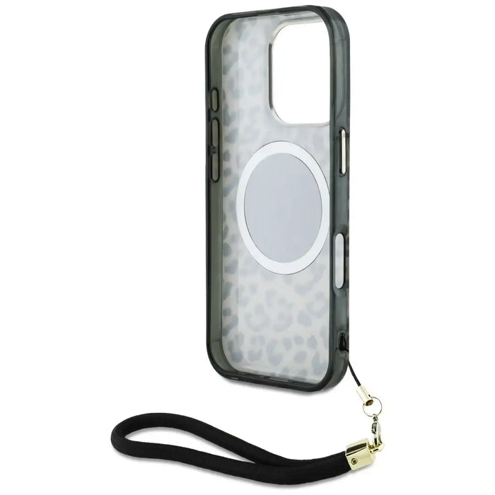 Guess HC IML Leopard Triangle Cord Strap MagSafe Case for iPhone 16 Pro Max - Brown - Cell phone cases