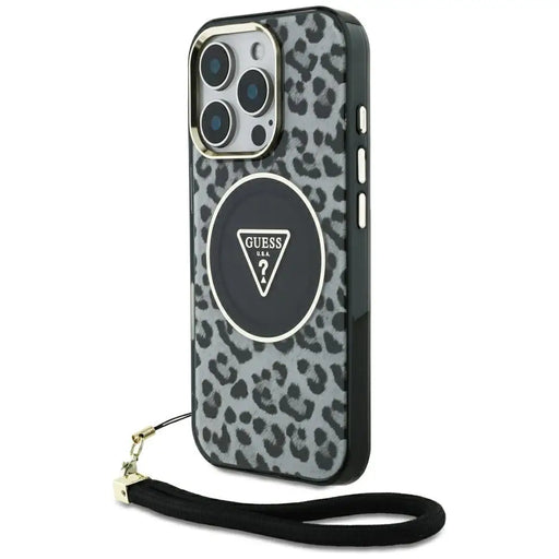 Guess HC IML Leopard Triangle Cord Strap MagSafe Case for iPhone 16 Pro - Black - Cell phone cases