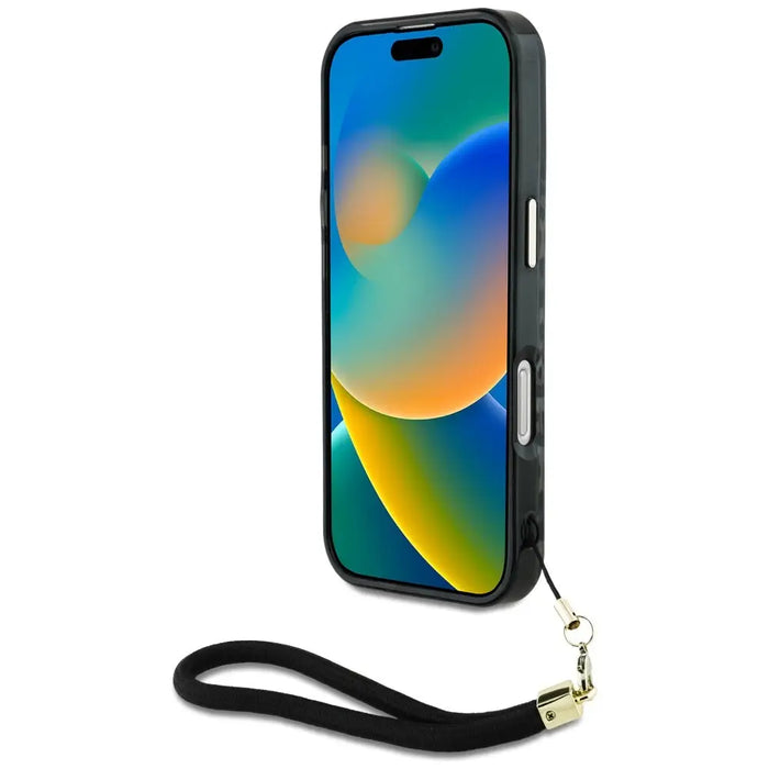 Guess HC IML Leopard Triangle Cord Strap MagSafe Case for iPhone 16 Pro - Black - Cell phone cases