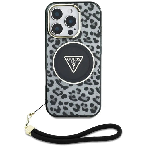 Guess HC IML Leopard Triangle Cord Strap MagSafe Case for iPhone 16 Pro - Black - Cell phone cases