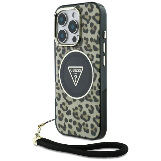 Guess HC IML Leopard Triangle Cord Strap MagSafe Case for iPhone 16 Pro - Brown - Cell phone cases