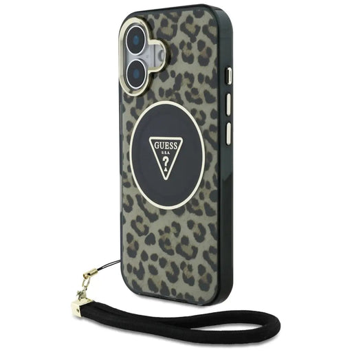 Guess HC IML Leopard Triangle Cord Strap MagSafe iPhone 16 Case - Brown - Cell phone cases and covers<<<HurtelXML