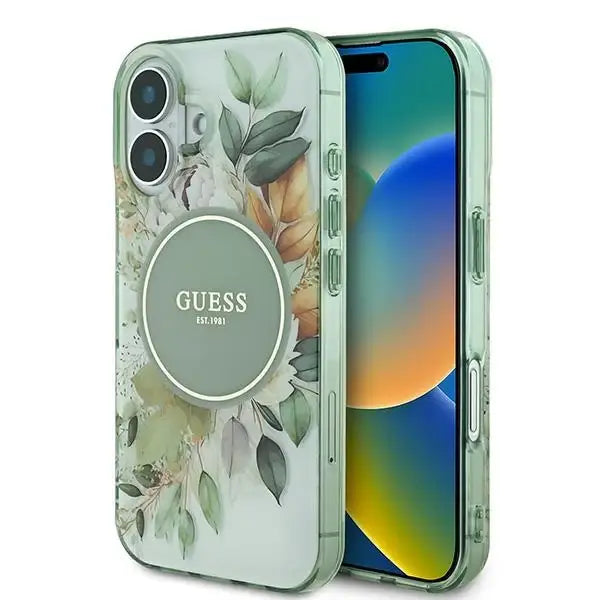 Guess IML Flower & Tonal Circle MagSafe case for iPhone 16 - green - Cell phone cases and covers<<<HurtelXML