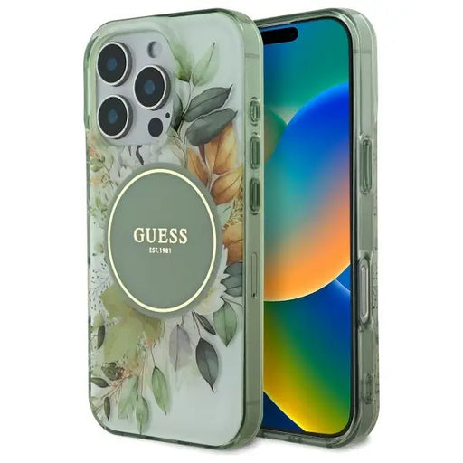 Guess IML Flower & Tonal Circle MagSafe case for iPhone 16 Pro - green - Cell phone cases and covers<<<HurtelXML